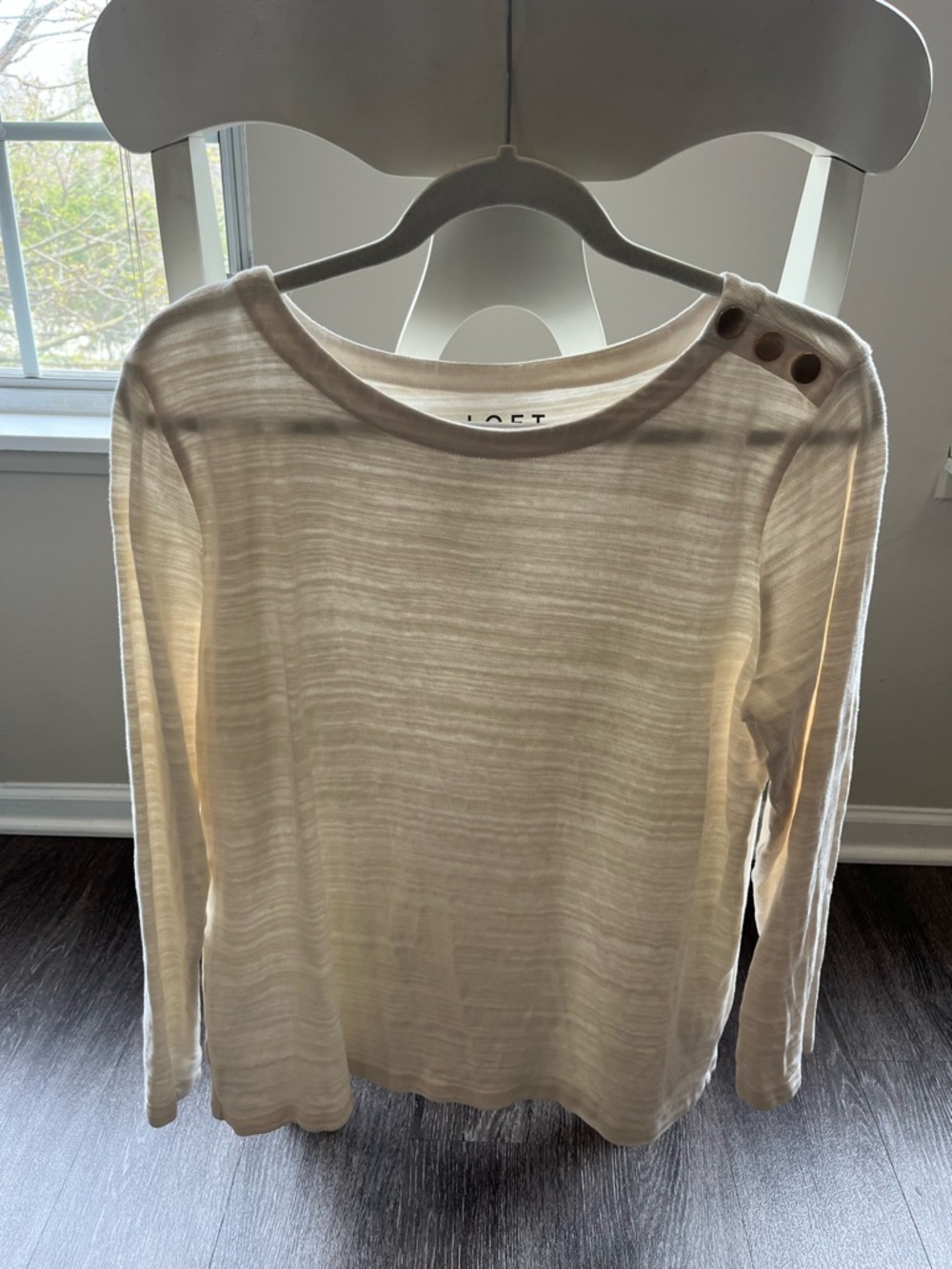 LOFT Cream Lightweight Long-Sleeve Boatneck Top with Shoulder Buttons